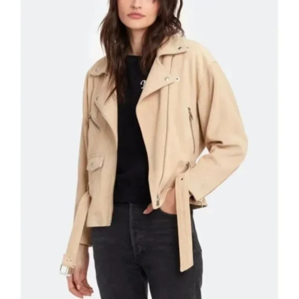 IRO NWT Tigao Leather Biker Jacket MSRP $1,695 Belted Long Sleeve Lambs Leather